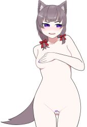 Rule 34 | 1girl, 2023, animal ears, blush, brown hair, covering breasts, covering crotch, covering privates, hair ribbon, indie virtual youtuber, jakkaboose, nokkovt, nude, purple eyes, ribbon, solo, tail, virtual youtuber, wolf ears, wolf tail