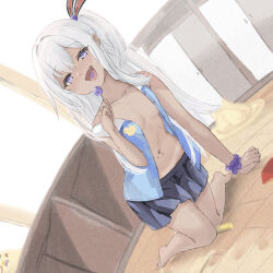 Rule 34 | 1girl, azur lane, bandaid on stomach, bare legs, bare shoulders, black skirt, blue skirt, blue vest, blush, breasts, candy, classroom, dark-skinned female, dark skin, exhibitionism, food, full body, groin, hair between eyes, hair ribbon, hand up, holding, holding candy, holding food, holding lollipop, indoors, kneeling, knees together feet apart, leaning forward, lollipop, long hair, looking at viewer, looking up, miniskirt, mumei shumi, naughty face, navel, no bra, no panties, open clothes, open vest, pleated skirt, public indecency, purple eyes, ribbon, side ponytail, skirt, small breasts, smug, solo, striped ribbon, tan, tanline, u-31 (azur lane), u-31 (let&#039;s go home) (azur lane), very long hair, vest, white hair