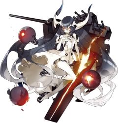 Rule 34 | 10s, 1girl, abyssal ship, akira (kadokawa), anchorage water oni, black hair, burnt clothes, cannon, dress, fire, full body, glowing, glowing eyes, gradient hair, grey hair, high heels, horns, kantai collection, long hair, machinery, multicolored hair, official art, orange eyes, pale skin, runway, solo, torn clothes, torn dress, transparent background, very long hair, white hair