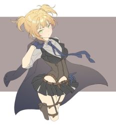 Rule 34 | 1girl, bad id, bad twitter id, black skirt, blonde hair, blue gloves, blue necktie, breasts, corset, cowboy shot, girls&#039; frontline, gloves, green eyes, holding, holding clothes, holding jacket, holster, jacket, looking at viewer, medium breasts, miniskirt, necktie, pleated skirt, shiosoda, short hair, short twintails, simple background, skirt, solo, thigh holster, twintails, welrod mkii (girls&#039; frontline)