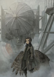 Rule 34 | 1girl, aircraft, amelia shaw, asterisk kome, bird wings, black footwear, black gloves, black hair, boots, brown eyes, brown wings, closed mouth, coat, commentary, dirigible, fog, gloves, grey coat, grey jacket, grey pants, highres, jacket, knee boots, looking at viewer, low wings, open clothes, open coat, pants, short hair, solo, standing, winged fusiliers, wings
