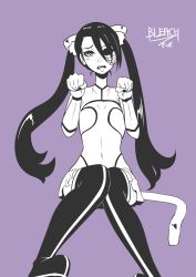 Rule 34 | 1girl, animal ears, arrancar, artist request, black hair, bleach, breasts, cat ears, dress, fake animal ears, fake tail, female focus, highres, loly aivirrne, long hair, looking at viewer, monochrome, sitting, skirt, small breasts, tail, twintails