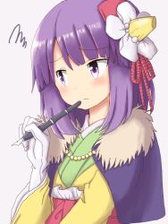 Rule 34 | 1girl, annoyed, blush, cape, commentary request, dadamori, flower, gloves, hair flower, hair ornament, hieda no akyuu, holding, holding pen, japanese clothes, kimono, pen, purple eyes, purple hair, short hair, simple background, solo, touhou, upper body, white gloves