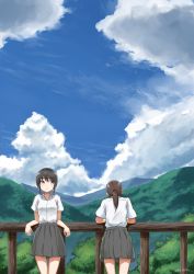 Rule 34 | 1girl, 2girls, black eyes, black hair, blue sky, brown hair, closed mouth, cloud, cloudy sky, day, dot nose, dress shirt, grey skirt, leaning back, leaning on object, long hair, looking at another, looking away, looking to the side, mountain, multiple girls, original, outdoors, pleated skirt, ponytail, railing, scenery, shirt, short sleeves, signature, skirt, sky, standing, tree, umiroku, valley, white shirt