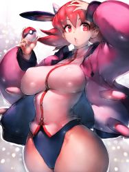 Rule 34 | 1girl, :o, breasts, breath, cosplay, covered erect nipples, creatures (company), cropped legs, curvy, female focus, fumio (rsqkr), game freak, gen 2 pokemon, highleg, highleg leotard, highres, jacket, large breasts, leotard, looking at viewer, miltank, miltank (cosplay), nintendo, nipples, pink jacket, poke ball, pokemon, pokemon hgss, red eyes, red hair, shiny skin, short hair, simple background, solo, thick thighs, thighs, twintails, whitney (pokemon), wide hips