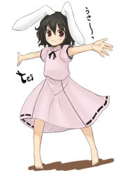Rule 34 | 1girl, :3, animal ears, bad id, bad pixiv id, barefoot, female focus, inaba tewi, lock heart (juuryokudou), outstretched arms, rabbit ears, smile, solo, spread arms, touhou