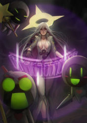 Rule 34 | 1girl, black gloves, bodysuit, breasts, breasts apart, closed mouth, collarbone, spiked halo, full body, gloves, glowing, guilty gear, guilty gear xrd, half-closed eyes, halo, holding, holding sword, holding weapon, jack-o&#039; valentine, jewelry, large breasts, long hair, looking at viewer, necklace, no bra, phamoz, red eyes, smile, solo, sword, v-shaped eyebrows, very long hair, weapon, white hair, wide-eyed