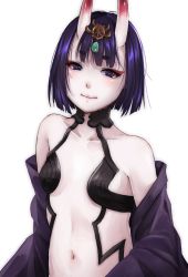 Rule 34 | 1girl, aoki eichi, bob cut, breasts, closed mouth, fate/grand order, fate (series), horns, looking at viewer, navel, oni, pale skin, purple eyes, purple hair, short hair, shuten douji (fate), simple background, skin-covered horns, small breasts, solo, white background