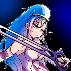 Rule 34 | 1girl, amazon pandora, armored leotard, awishadraws, black background, blue hair, breasts, cleavage, kid icarus, kid icarus uprising, long hair, medium breasts, nintendo, purple eyes, smile, smug, solo, sparkle, tagme, thick thighs, thighs, wide hips
