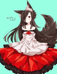 Rule 34 | 1girl, absurdres, animal ears, aqua background, bare shoulders, breasts, brooch, brown hair, cleavage, commentary request, dress, egret, expressionless, hair over one eye, highres, imaizumi kagerou, jewelry, layered dress, long hair, looking at viewer, medium breasts, off shoulder, red eyes, simple background, solo, tail, touhou, twitter username, wolf ears, wolf tail