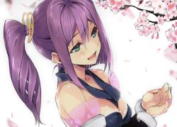Rule 34 | 1girl, :d, aqua eyes, bangle, bracelet, branch, cherry blossoms, flower, from side, hario 4, holding, holding petal, jewelry, lace trim, lower teeth only, nail polish, nijisanji, open mouth, petals, purple hair, purple nails, sakura ritsuki, sakura ritsuki (old design), side ponytail, smile, solo, teeth, virtual youtuber