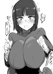 Rule 34 | 1girl, ^^^, bangs, blunt bangs, blush, breast squeeze, breasts, clenched hands, constricted pupils, creatures (company), diglett, erect nipples, eyebrows visible through hair, eyelashes, game freak, gen 1 pokemon, gloves, greyscale, gym leader, hands up, highres, huge breasts, long hair, long sleeves, looking at another, megao 3rd, monochrome, motion lines, nintendo, open mouth, pokemon, pokemon (creature), pokemon (game), pokemon frlg, sabrina (pokemon), simple background, solo focus, speech bubble, sweat, tearing up, translation request, turtleneck, white background