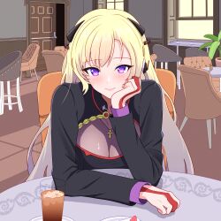 Rule 34 | 1girl, absurdres, black dress, blonde hair, breasts, cafe, chair, cleavage, closed mouth, commentary, commission, cross, cross necklace, dress, english commentary, g3 (girls&#039; frontline), g3 (mod3) (girls&#039; frontline), gilijim, girls&#039; frontline, hair ornament, hand on own head, highres, jewelry, large breasts, long hair, long sleeves, looking at viewer, necklace, pixiv commission, purple eyes, solo, table, very long hair
