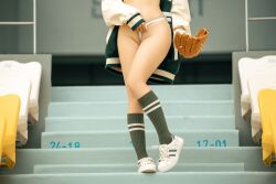 Rule 34 | 1girl, arena, asian, baseball glove, chair, chinese (nationality), chunmomo0127, green jacket, green socks, head out of frame, jacket, legs, lower body, outdoors, oversized clothes, oversized jacket, panties, photo (medium), real life, shoes, sneakers, socks, stairs, standing, standing on stairwell, thighs, thong, underwear, wedgie, white chair, white footwear, yellow chair