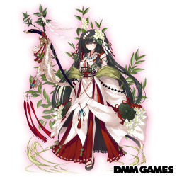 Rule 34 | 1girl, beads, bell, berry, black hair, blush, bow (weapon), copyright name, costume request, dmm, floral background, flower, flower knight girl, full body, hair flower, hair ornament, hakama, hakama skirt, japanese clothes, jewelry, long hair, looking at viewer, magatama, magatama necklace, necklace, pelvic curtain, sakaki (flower knight girl), shide, skirt, solo, standing, string, string of fate, tagme, thighhighs, very long hair, weapon, white background, white thighhighs