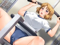 Rule 34 | 1girl, bare legs, blonde hair, blush, breasts, buruma, dutch angle, endou mitsu, covered erect nipples, exercising, exercise machine, game cg, gym, gym uniform, indoors, large breasts, looking at viewer, mole, mole under mouth, najimi no obachan: batsuichi jukujo to inran miboujin, purple eyes, sex toy, short hair, short sleeves, sitting, smile, solo, spread legs, vibrator, vibrator under clothes