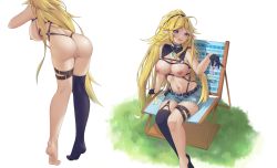 Rule 34 | 1girl, ashes (artorios0603), blonde hair, breasts, censored, exhibitionism, garter straps, gloves, highres, large breasts, long hair, navel, nipples, pointy ears, ponytail, princess connect!, public indecency, purple eyes, short shorts, shorts, single thighhigh, solo, thigh strap, thighhighs, very long hair, yukari (camp) (princess connect!), yukari (princess connect!)