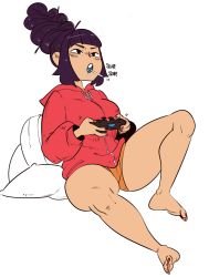 Rule 34 | 1girl, black eyes, black hair, breasts, command grab, command grab (nuclear wasabi), controller, game controller, hair bun, highres, hood, hoodie, large breasts, nail polish, nuclear wasabi, pillow, pussy, short shorts, shorts, thick thighs, thighs