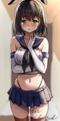 Rule 34 | 1girl, black hair, black neckerchief, black panties, blue sailor collar, blue skirt, bob cut, breasts, brown eyes, commentary request, cosplay, cowboy shot, crop top, eckert&amp;eich, elbow gloves, gloves, haguro (kancolle), hair ornament, highleg, highleg panties, highres, kantai collection, large breasts, looking at viewer, microskirt, midriff, neckerchief, one-hour drawing challenge, panties, sailor collar, shimakaze (kancolle), shimakaze (kancolle) (cosplay), shirt, short hair, signature, skirt, sleeveless, sleeveless shirt, solo, striped clothes, striped thighhighs, thighhighs, twitter username, underwear, white gloves
