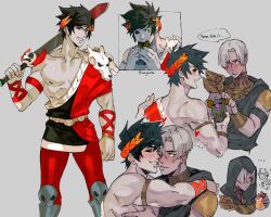 Rule 34 | 2boys, ancient greek clothes, black hair, black sclera, blush, colored sclera, couple, eating, giving, greco-roman clothes, green eyes, grey background, grey hair, hades (series), hades 1, heart, heterochromia, highres, holding, holding sword, holding weapon, hood, hood down, hood up, hug, laurel crown, leggings, looking away, multiple boys, nipples, red eyes, red leggings, short hair, skull, speech bubble, sword, thanatos (hades), tirtyturtle, twitter username, weapon, yaoi, yellow eyes, zagreus (hades)