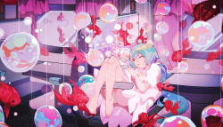Rule 34 | blue hair, bottle miku, couch, dress, closed eyes, fish, gradient hair, hatsune miku, highres, indoors, interior, koi, long hair, lying, multicolored hair, solo, table, very long hair, vocaloid, wallpaper, water drop, white dress, wusebuhui