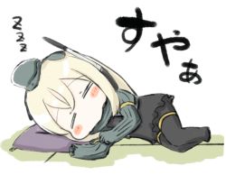 Rule 34 | 10s, 1girl, = =, blush stickers, chibi, commentary request, engiyoshi, garrison cap, hat, kantai collection, long hair, pillow, silver hair, sketch, sleeping, snorkel, solo, tatami, translated, u-511 (kancolle), zzz