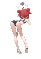 Rule 34 | 1girl, absurdres, ahoge, ass, bangle, bare legs, blue archive, blue shirt, blue shorts, bracelet, commentary request, crop top, double bun, flip-flops, from behind, hair bun, halo, hand on own knee, highres, hirotaka0125, jewelry, maki (blue archive), red hair, sandals, shirt, short hair, short shorts, shorts, simple background, sleeveless, sleeveless shirt, solo, standing, transparent background