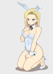 Rule 34 | 1girl, absurdres, alternate costume, android 18, animal ears, bare shoulders, blonde hair, blue eyes, bow, bowtie, breasts, cleavage, clenched hand, commentary request, covered navel, detached collar, dragon ball, dragonball z, earrings, fake animal ears, full body, grey eyes, hand on own thigh, high heels, highres, jewelry, kneeling, leotard, medium breasts, navel, playboy bunny, rabbit ears, rokoido12, short hair, solo, strapless, strapless leotard, thighs, white footwear, white leotard, wrist cuffs, zipper leotard