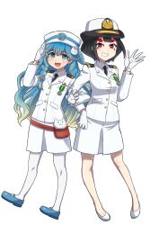 Rule 34 | 2girls, absurdres, anchor hair ornament, black hair, blue eyes, blue footwear, blue hair, blush, braid, cat hair ornament, character request, collared shirt, commentary request, epaulettes, full body, gloves, gradient hair, hair ornament, hat, high heels, highres, jacket, japan self-defense force, locked arms, long hair, medal, military, military hat, military uniform, multicolored hair, multiple girls, necktie, no socks, nogami takeshi, open mouth, original, pantyhose, pumps, red eyes, shirt, shizuoka prefecture, short hair, side braids, skirt, smile, suruga aoi, transparent background, two-tone hair, uniform, white footwear, white gloves, white hair, white jacket, white pantyhose, white skirt