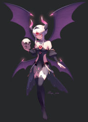 Rule 34 | 1girl, bad id, bad pixiv id, bare shoulders, black background, black thighhighs, breasts, dark persona, demon horns, demon wings, diadem, elsword, eve (elsword), facial mark, full body, highres, holding, holding skull, horns, looking at viewer, multiple wings, purple wings, red eyes, ryu nim, see-through, sidelocks, silver hair, simple background, skull, small breasts, smile, solo, standing, thighhighs, wings