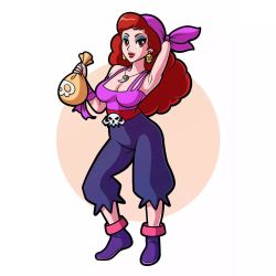 Rule 34 | 1girl, blue eyeshadow, breasts, captain syrup, cleavage, curly hair, eyeshadow, jf illustration, large breasts, lipstick, long hair, looking at viewer, makeup, nintendo, red eyes, red hair, red lips, solo, wario land, wario land: shake it!, wavy hair