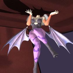 Rule 34 | 1girl, animal print, bare shoulders, bat print, boots, breasts, capcom, ceiling, cleavage, demon girl, faceless, faceless female, hand up, head out of frame, head through ceiling, hole in ceiling, legs, leotard, morrigan aensland, neck, pantyhose, shadow, solo, struggling, stuck, thighs, through wall, vampire (game), wings