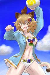 Rule 34 | 1girl, animal ears, ball, bikini, blonde hair, blue hoodie, collarbone, commentary request, cowboy shot, fang, flower, gravi pig4891, hair flower, hair ornament, highres, hood, hoodie, japari symbol, kemono friends, kemono friends 3, lion (kemono friends), lion ears, lion girl, lion tail, long sleeves, midriff, official alternate costume, open clothes, open hoodie, open mouth, short hair, solo, swimsuit, tail, white bikini, yellow eyes