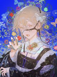 Rule 34 | 1boy, artist name, blue background, brown eyes, bug, butterfly, claw (weapon), ear piercing, earrings, fangs, flower, grey hair, hair between eyes, highres, illumi999, insect, jewelry, long sleeves, looking at viewer, male focus, open mouth, original, piercing, red flower, short hair, sleeves past wrists, solo, tongue, tongue out, tongue piercing, upper body, weapon