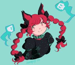 Rule 34 | 1girl, animal ears, black bow, bow, braid, cat ears, cropped shoulders, dress, fang, fang out, floating skull, ghost, green background, green dress, henemimi, highres, hitodama, kaenbyou rin, long hair, puffy sleeves, red eyes, red hair, signature, sketch, skull, smile, touhou, twin braids