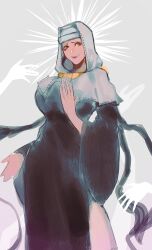 Rule 34 | 1girl, coif, dress, fate/grand order, fate (series), flavia (harmonia), gradient background, highres, long sleeves, looking at viewer, nun, sessyoin kiara, side slit, smile, solo, white dress, yellow eyes