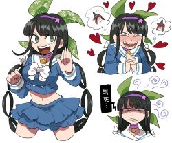 Rule 34 | 1girl, angry, bell, black hair, blush, bow, breasts, chabashira tenko, choker, clenched teeth, collar, commentary request, cropped legs, danganronpa (series), danganronpa v3: killing harmony, drooling, face, furukawa (yomawari), hair ornament, hair ribbon, hairband, heart, highres, jingle bell, large breasts, layered skirt, legs apart, long hair, long sleeves, looking at viewer, midriff, mole, mole under mouth, multiple views, navel, neck bell, open mouth, pink choker, pink hairband, ribbon, sailor collar, school uniform, serafuku, shaded face, simple background, skirt, spoken character, teeth, translation request, twintails, white background, white bow, yumeno himiko