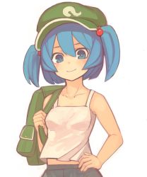 Rule 34 | 1girl, alternate costume, backpack, bad id, bad pixiv id, bag, blue eyes, blue hair, female focus, hair bobbles, hair ornament, hand on own hip, hat, kawashiro nitori, ketopon, matching hair/eyes, midriff, simple background, smile, solo, tank top, touhou, twintails, two side up, upper body, white background