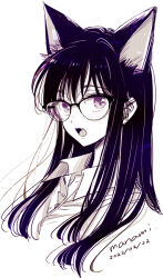 Rule 34 | 1girl, animal ear fluff, animal ears, blush, buttons, cat day, cat ears, collared shirt, commentary request, cropped torso, dated, dress shirt, extra ears, fang, glasses, himawari-san, himawari-san (character), kemonomimi mode, long hair, looking at viewer, monochrome, open mouth, shirt, signature, simple background, solo, sugano manami, upper body, white background