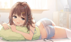 Rule 34 | 1girl, :d, ass, bare arms, bare shoulders, blanket, braid, brown hair, camisole, commentary request, crop top, duplicate, grey eyes, grey shorts, hair ornament, hairclip, lampshade, long hair, looking at viewer, lying, micro shorts, midriff, nijihashi sora, on bed, on stomach, open mouth, original, pillow, shirt, short shorts, shorts, side slit, sleeveless, sleeveless shirt, smile, solo, strap slip, thighs