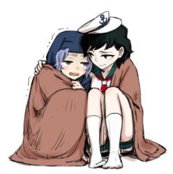 Rule 34 | 2girls, arm around shoulder, blanket, blue capelet, blue hair, blush, capelet, cold, half-closed eyes, hand on another&#039;s shoulder, hat, hood, hood up, hooded capelet, hug, kumoi ichirin, light smile, looking at another, meimaru inuchiyo, multiple girls, murasa minamitsu, neckerchief, neckwear request, no shoes, open mouth, red neckerchief, sailor collar, sailor hat, shorts, sitting, socks, touhou, trembling, wavy mouth, white shorts