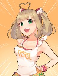 Rule 34 | 1girl, bare shoulders, blush, breasts, brown hair, cleavage, collarbone, emphasis lines, green eyes, idolmaster, idolmaster cinderella girls, kamille (vcx68), looking at viewer, medium breasts, open mouth, orange background, sato shin, short hair, short twintails, simple background, smile, solo, speed lines, twintails, upper body