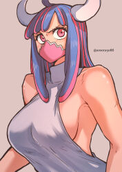 Rule 34 | 1girl, ahoge, alternate costume, aosora2823, blue hair, blush, breasts, brown background, commentary, eyelashes, glaring, highres, horns, large breasts, long hair, looking at viewer, mask, mouth mask, multicolored hair, no bra, one piece, parted bangs, pink eyes, pink hair, pink mask, shirt, sideboob, simple background, sleeveless, sleeveless shirt, solo, turtleneck, twitter username, two-tone hair, ulti (one piece), upper body, v-shaped eyebrows, white shirt