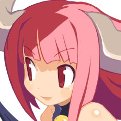 Rule 34 | 1girl, demon girl, disgaea, harada takehito, horns, lowres, official art, portrait, red eyes, red hair, simple background, solo, succubus (disgaea), white background