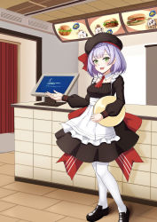 Rule 34 | 1girl, :d, absurdres, apron, ascot, blunt bangs, bow, braid, burger, chibi, chibi inset, commentary request, counter, fast food, food, full body, genshin impact, green eyes, hair ornament, halo, hat, hat bow, hat ribbon, highres, holding, kfc, light purple hair, long sleeves, looking at viewer, maid, maid apron, mechanical halo, menu board, monitor, noelle (genshin impact), noelle (kfc) (genshin impact), open mouth, paimon (genshin impact), pantyhose, ribbon, short hair, sidelocks, single braid, smile, solo, standing, tray, white hair, white pantyhose, yanwu-ji