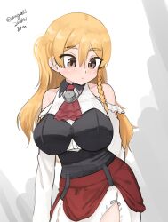 Rule 34 | 1girl, absurdres, ascot, blonde hair, braid, breasts, brown eyes, corset, cowboy shot, dated, french braid, highres, kantai collection, large breasts, long hair, looking down, maru (marg0613), one-hour drawing challenge, red ascot, red skirt, skirt, solo, thick eyebrows, twitter username, wavy hair, white background, zara (kancolle)