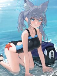 Rule 34 | 1girl, absurdres, all fours, animal ear fluff, animal ears, bag, black one-piece swimsuit, blue archive, blue eyes, breasts, commentary, competition swimsuit, covered navel, cross hair ornament, extra ears, grey hair, hair ornament, halo, highres, looking at viewer, low ponytail, medium breasts, medium hair, mismatched pupils, multicolored clothes, multicolored swimsuit, official alternate costume, one-piece swimsuit, sandals, shiroko (blue archive), shiroko (swimsuit) (blue archive), solo, starfish, swimsuit, toramin (tora min ), water, wolf ears