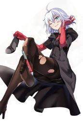 Rule 34 | 1girl, absurdres, ahoge, between toes, black pantyhose, blush, character request, copyright request, elbow gloves, feet, holding with feet, gloves, high heels, highres, holding, holding pen, looking at viewer, one eye closed, pantyhose, parted lips, pen, qihai lunpo, red gloves, short hair, short sleeves, smile, soles, solo, toes, torn clothes, torn pantyhose, white hair