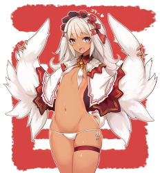 Rule 34 | 1girl, :d, blue eyes, blush, capelet, cowboy shot, dark skin, dark-skinned female, flat chest, groin, headdress, heart, holding, long hair, looking at viewer, navel, open mouth, original, panties, rooster tail, sessue, side-tie panties, skindentation, smile, solo, thigh strap, underwear, white hair, white panties, white wings, wing collar, wings