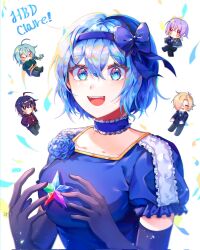Rule 34 | 1girl, 4boys, aqua hair, ashe bradley, black capelet, black gloves, black pants, blonde hair, blue bow, blue choker, blue eyes, blue flower, blue hair, blue hairband, blue ribbon, blue suit, blush stickers, bow, braid, breasts, capelet, character name, chibi, chibi inset, choker, claire elford, closed eyes, closed mouth, collarbone, crescent, crescent earrings, earrings, elbow gloves, flower, formal, frilled choker, frills, gloves, green jacket, hair between eyes, hair bow, hair intakes, hairband, happy birthday, highres, holding, holding star, hood, hood down, hoodie, jacket, jewelry, large breasts, multiple boys, necklace, noel levine, open mouth, own hands together, pants, pu0070201, puffy short sleeves, puffy sleeves, purple eyes, purple hair, red eyes, red hair, red hoodie, ribbon, shiny eyes, shirt, short hair, short sleeves, single braid, sirius gibson, smile, solo focus, star (symbol), suit, teeth, upper teeth only, white background, white shirt, wilardo adler, witch&#039;s heart, yellow trim